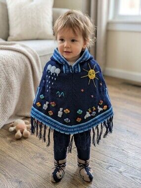 Waco's. Kids Navy Hooded Poncho with Embroidered Sun & Flowers Made In Peru.